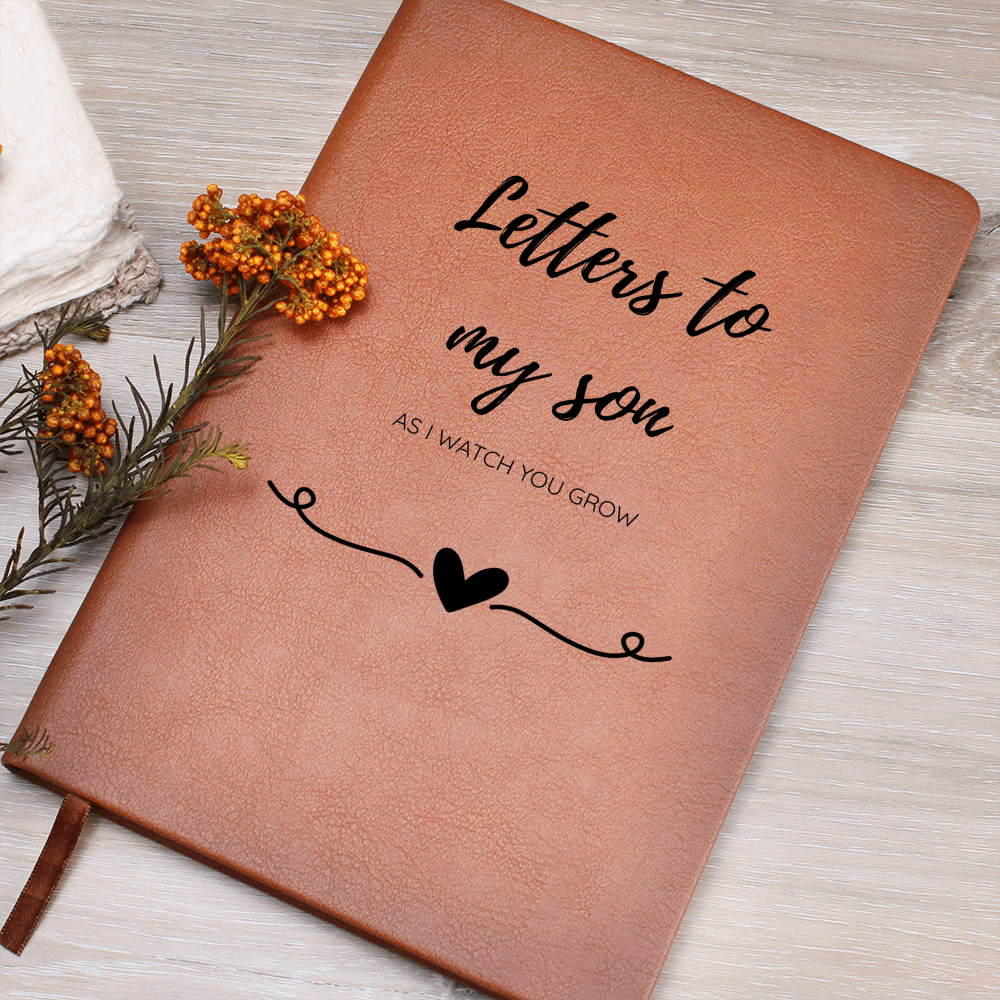 Letters to My Son journal with vegan leather cover, 200 lined pages, ribbon bookmark & elastic band. A heartfelt keepsake for moms to cherish forever.
