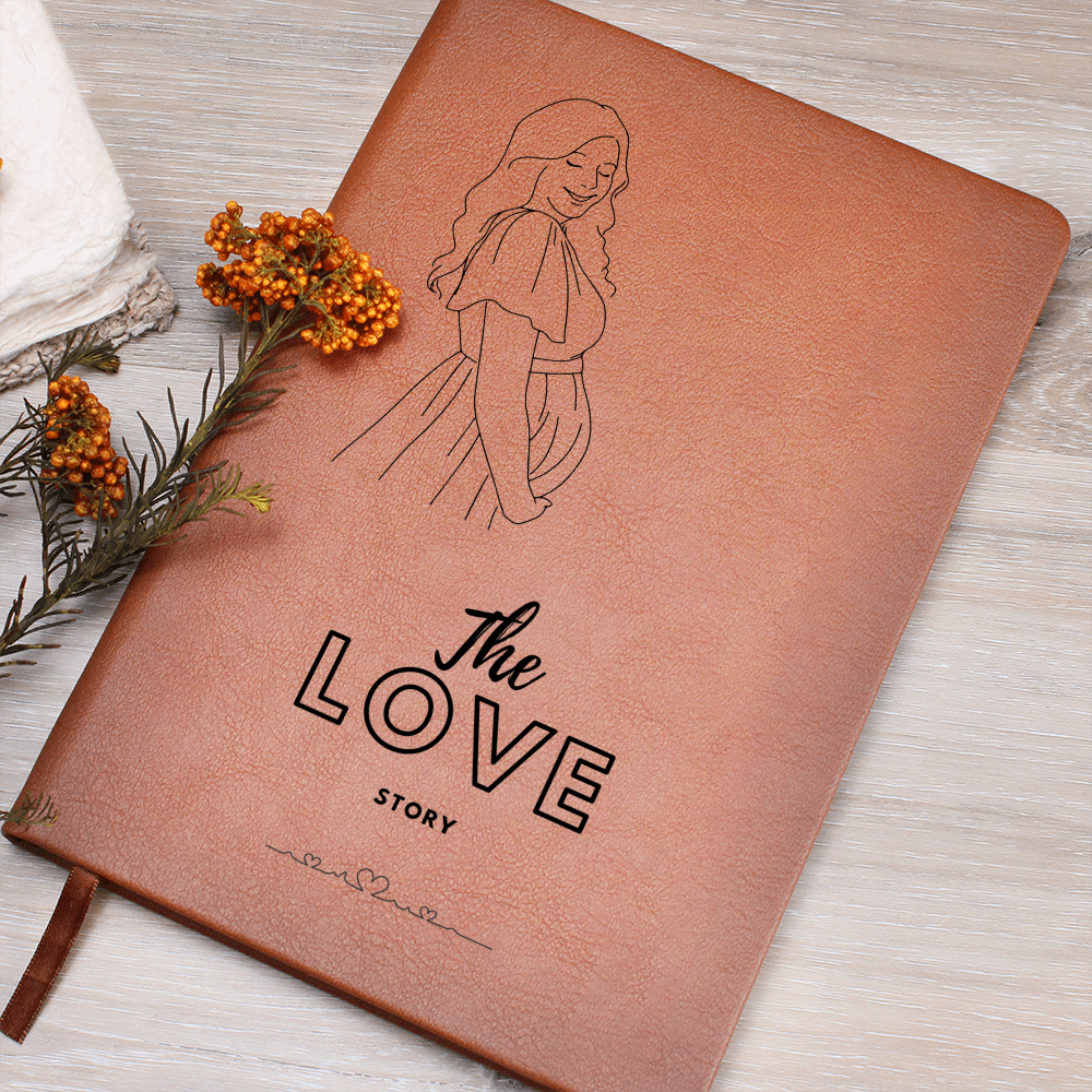 The Love Story pregnancy journal with vegan leather cover, 200 lined pages, ribbon bookmark & elastic band.