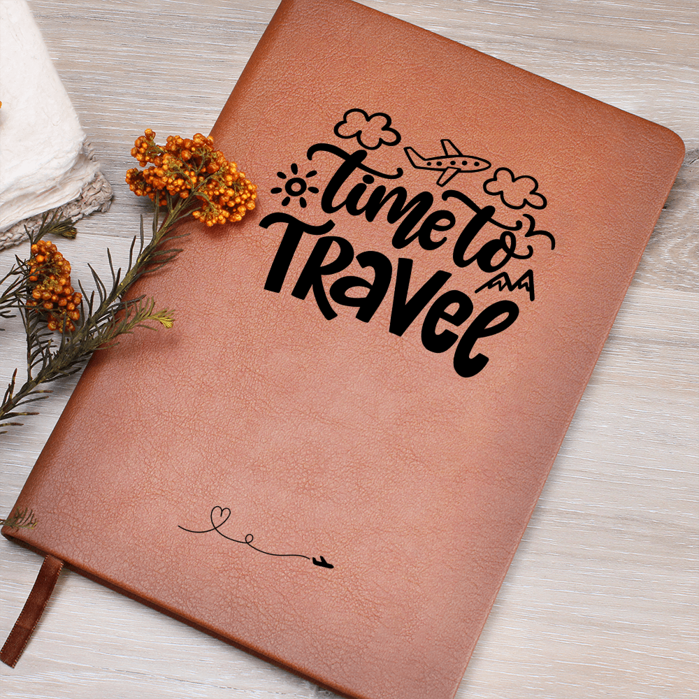 Time to Travel vegan leather journal with brown elastic band, ribbon bookmark, and 200 lined pages, ideal for documenting travel adventures