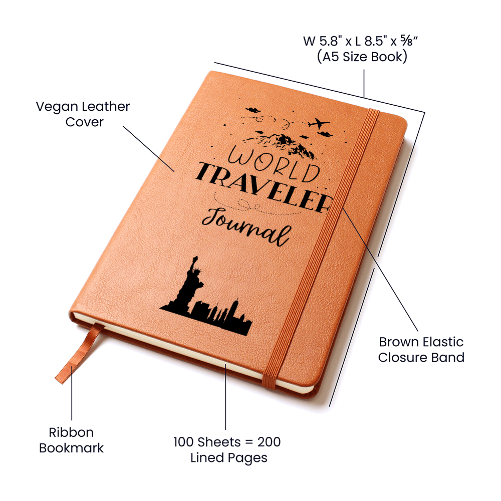 world traveler vegan leather journal with brown elastic band, ribbon bookmark, and 200 lined pages, ideal for documenting travel adventures