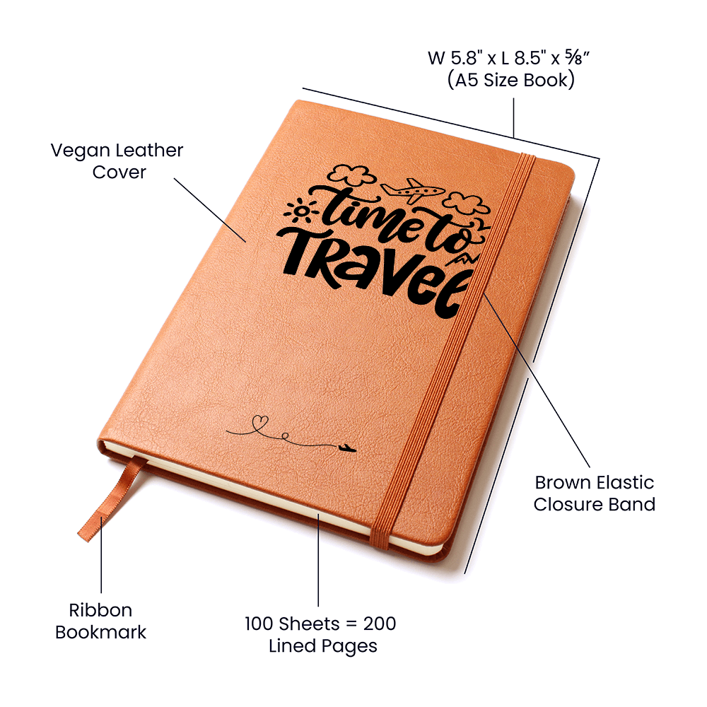 Time to Travel vegan leather journal with brown elastic band, ribbon bookmark, and 200 lined pages, ideal for documenting travel adventures