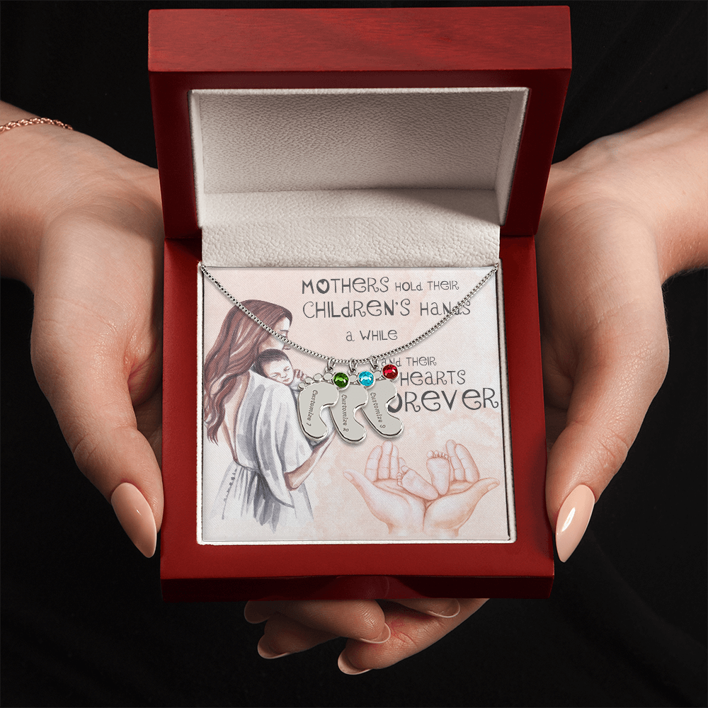 Engraved Baby Feet Necklace with Birthstone and Your Baby's Name (up to 4 charms)
