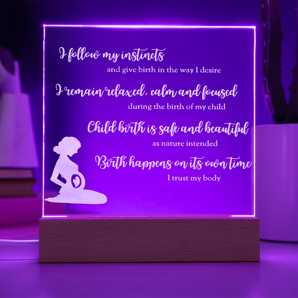 LED Base Engraved Acrylic Square Plaque with Affirmations for a Birth Space