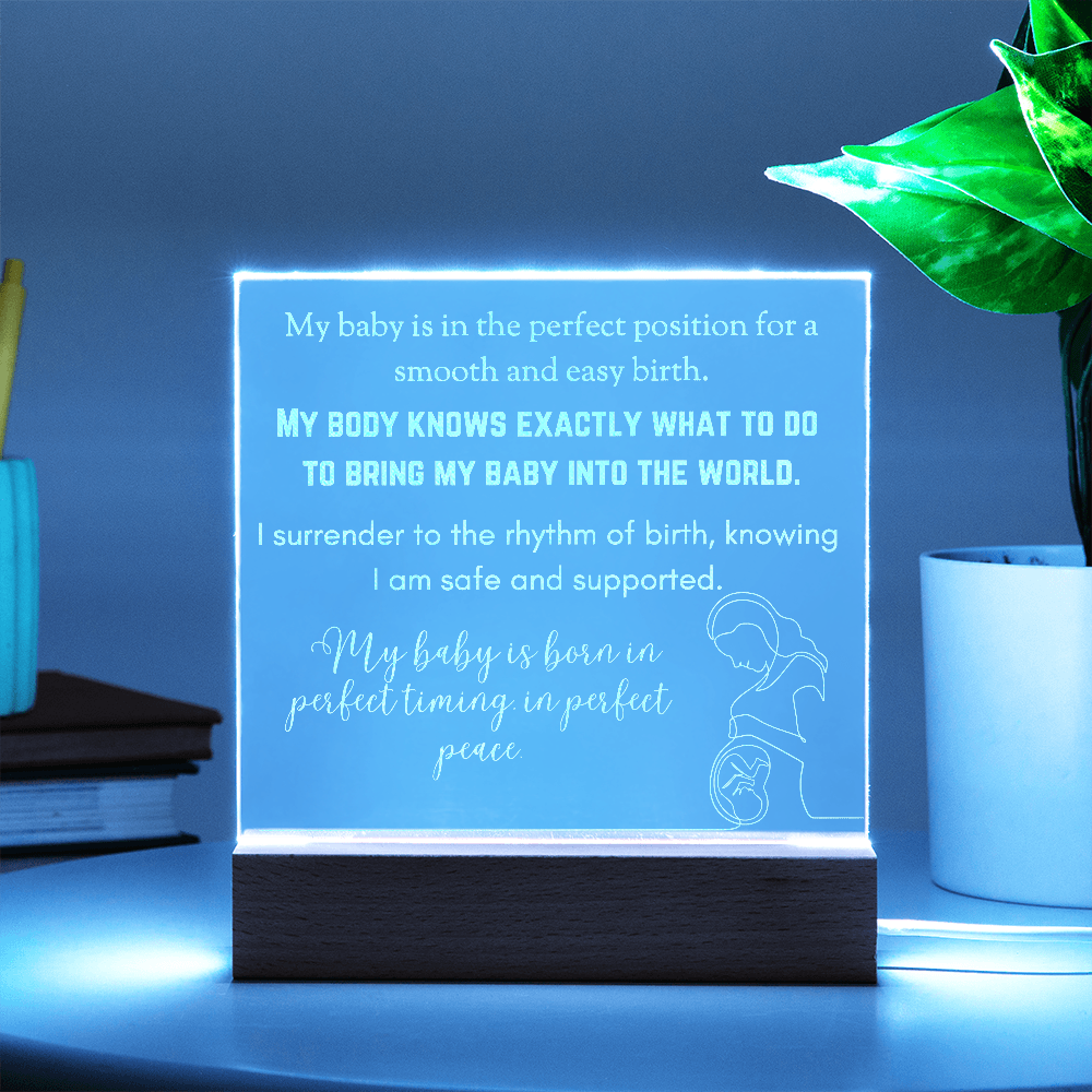 LED Base Engraved Acrylic Square Plaque with Affirmations for a Birth Space | USB or batteries