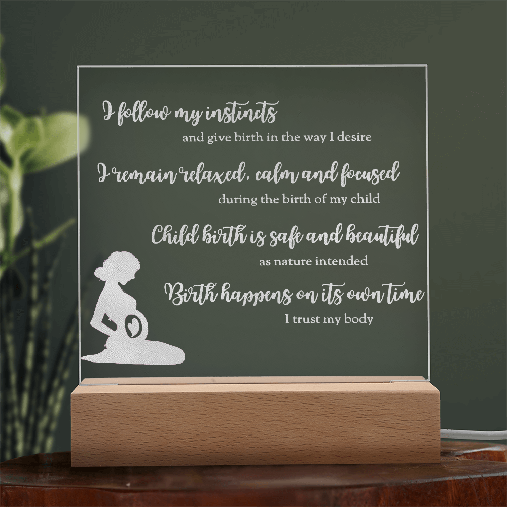 LED Base Engraved Acrylic Square Plaque with Affirmations for a Birth Space