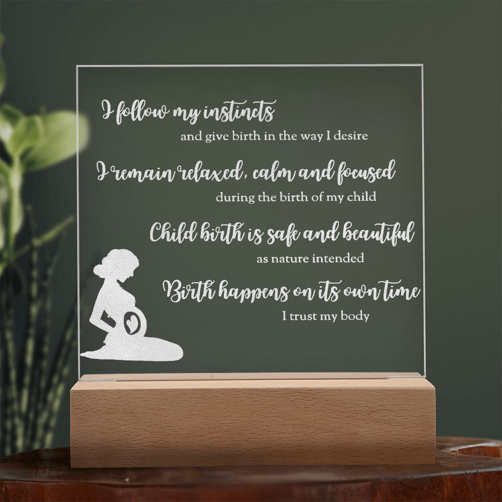 LED Base Engraved Acrylic Square Plaque with Affirmations for a Birth Space