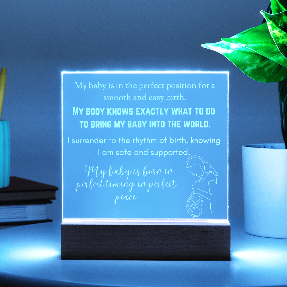 LED Base Engraved Acrylic Square Plaque with Affirmations for a Birth Space | USB or batteries