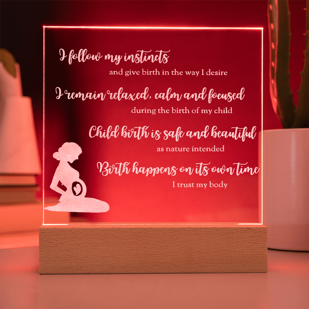 LED Base Engraved Acrylic Square Plaque with Affirmations for a Birth Space
