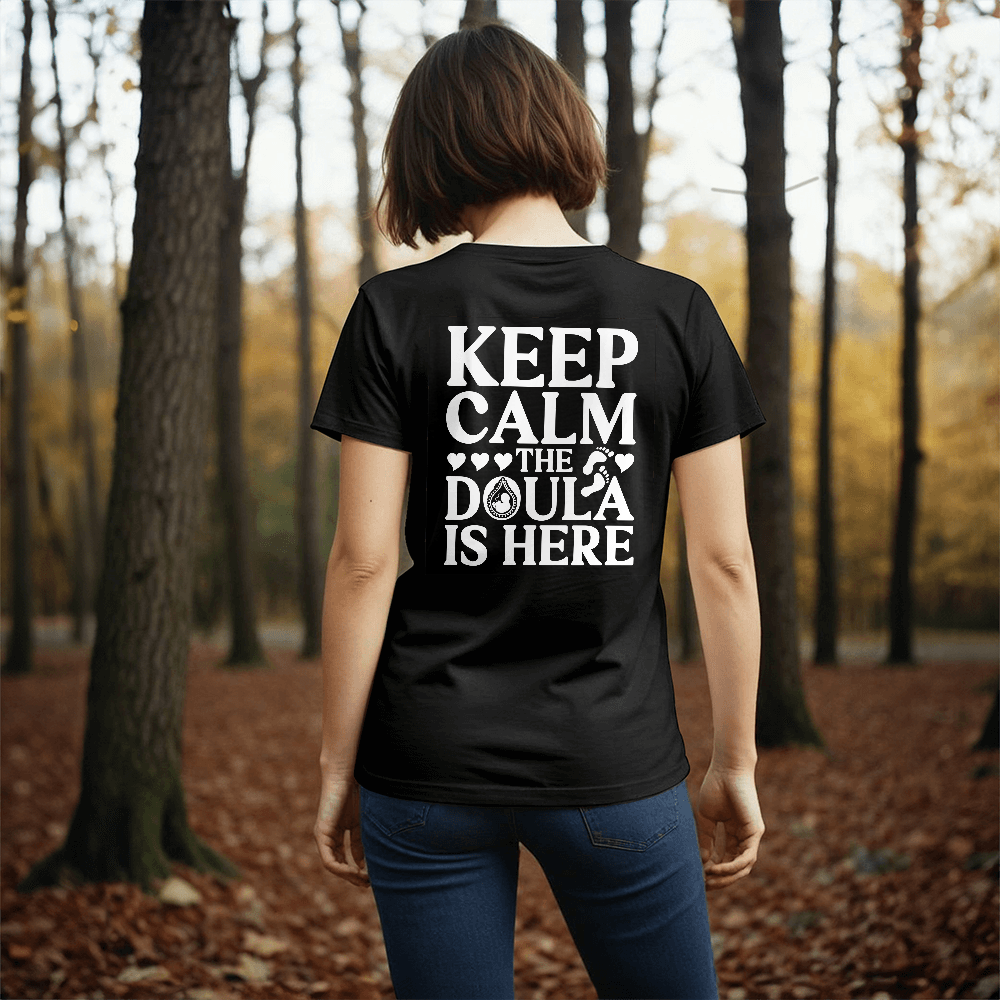 Keep calm the doula is here back print black t-shirt
