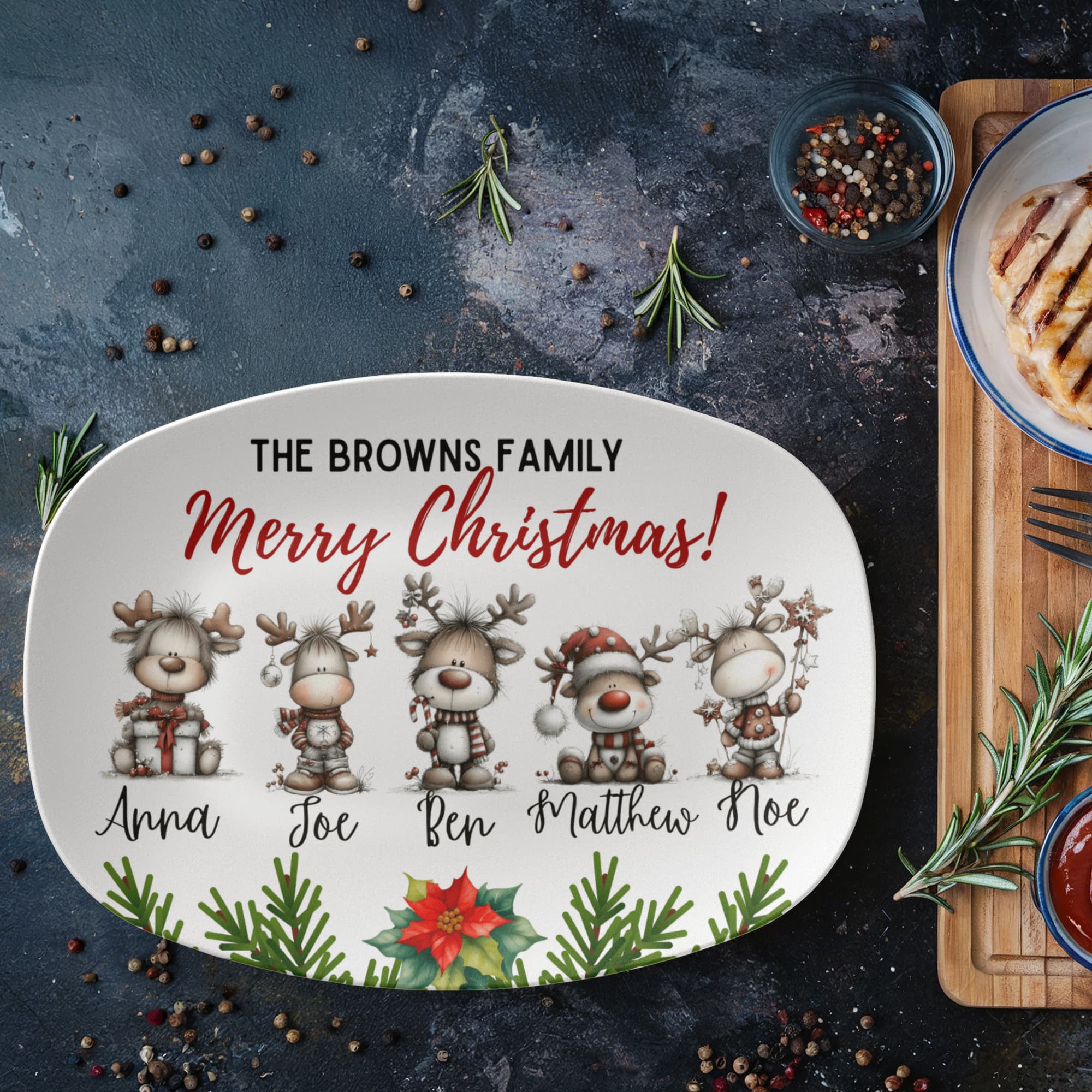 Reindeer family personalized Christmas platter