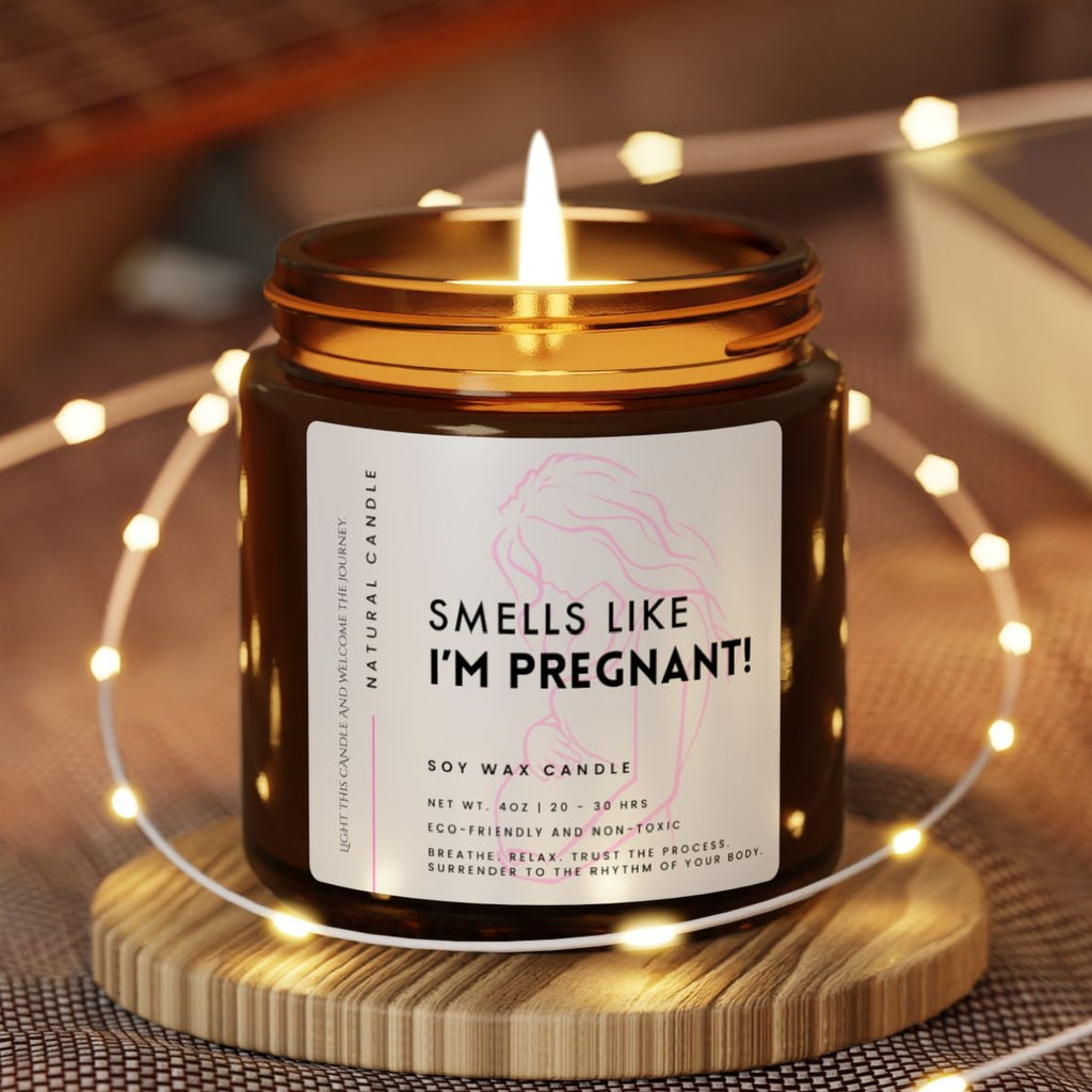 Candle labeled 'Smells Like I'm Pregnant' for pregnancy announcement