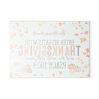 Thanksgiving-themed placemat with pumpkins and leaves on a white background