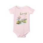 Baby onesie with "World is beautiful" text and pastel nature design, made from soft 100% Airlume cotton, displayed flat with envelope neckline and snap closures.
