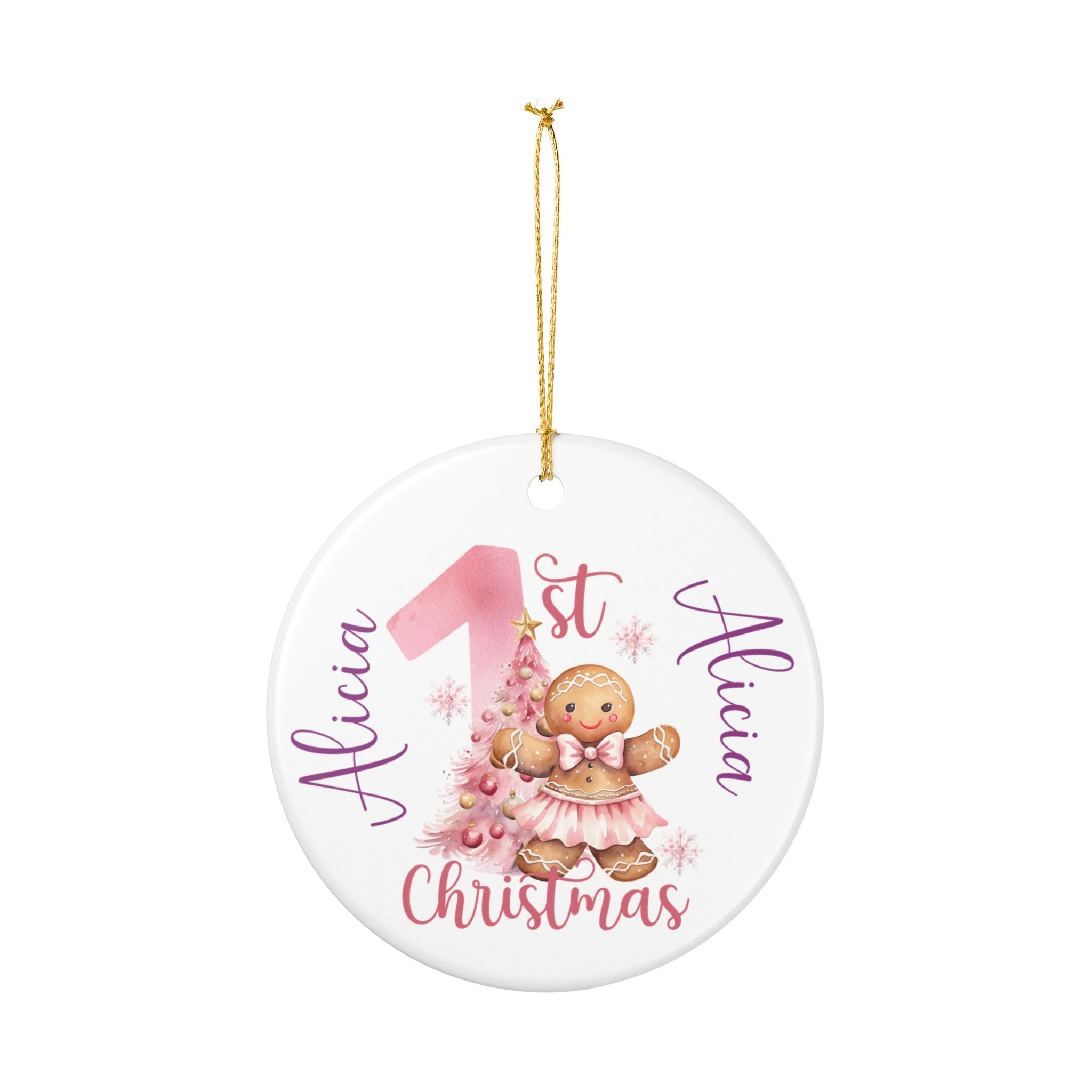 Decorative Christmas ornament with a gingerbread girl and '1st Christmas' text on a white background.
