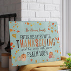Decorative sign with fall-themed design and inspirational quote on a kitchen counter.