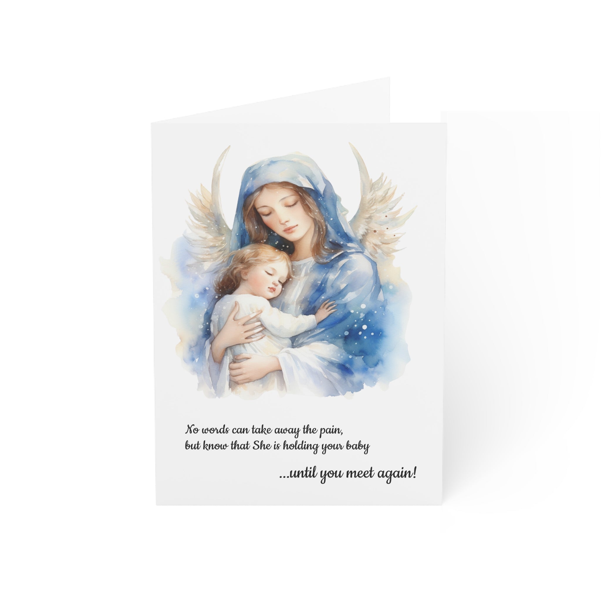Greeting card with an angel holding a child and text on a white background
