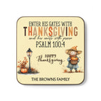 Coaster with Thanksgiving design, scarecrow, pumpkins, and text on a beige background