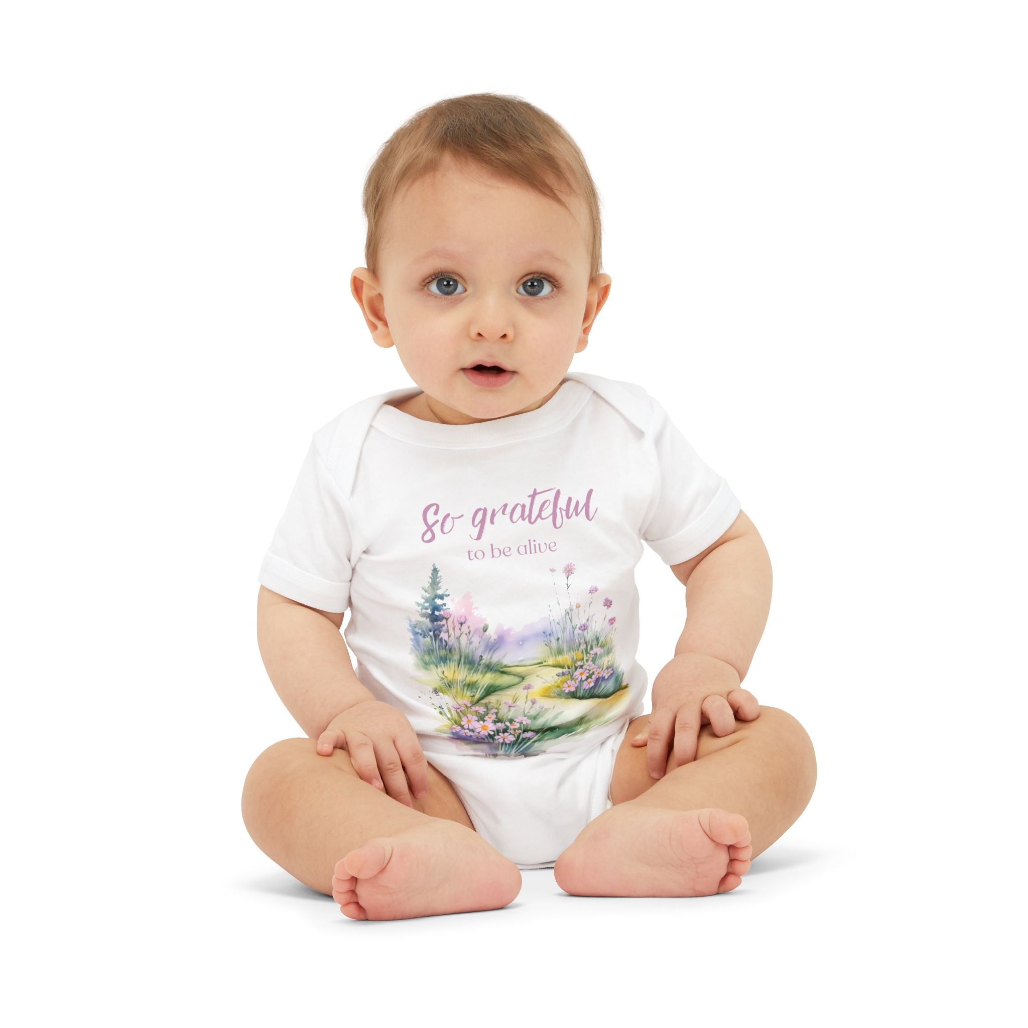 Baby onesie with "So grateful to be alive!" text and pastel nature design, made from soft 100% Airlume cotton white