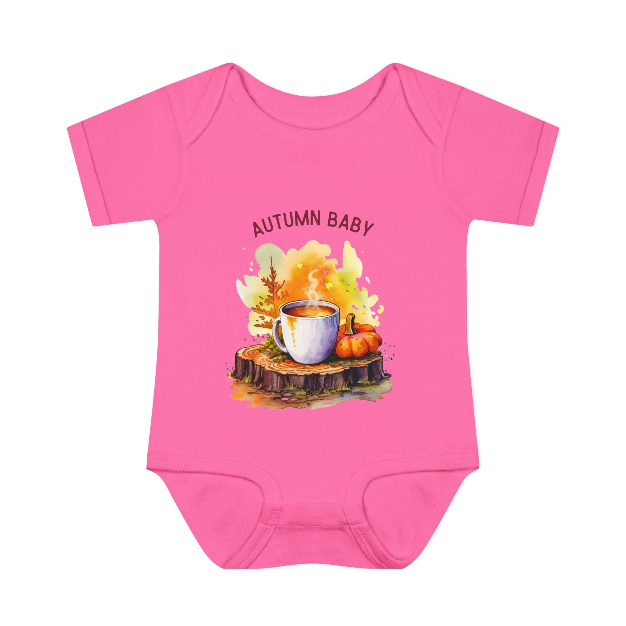 Pink baby onesie with autumn-themed design and 'Autumn Baby' text on a white background