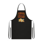 Black apron with 'Pumpkin spice everything' text and floral design on a white background