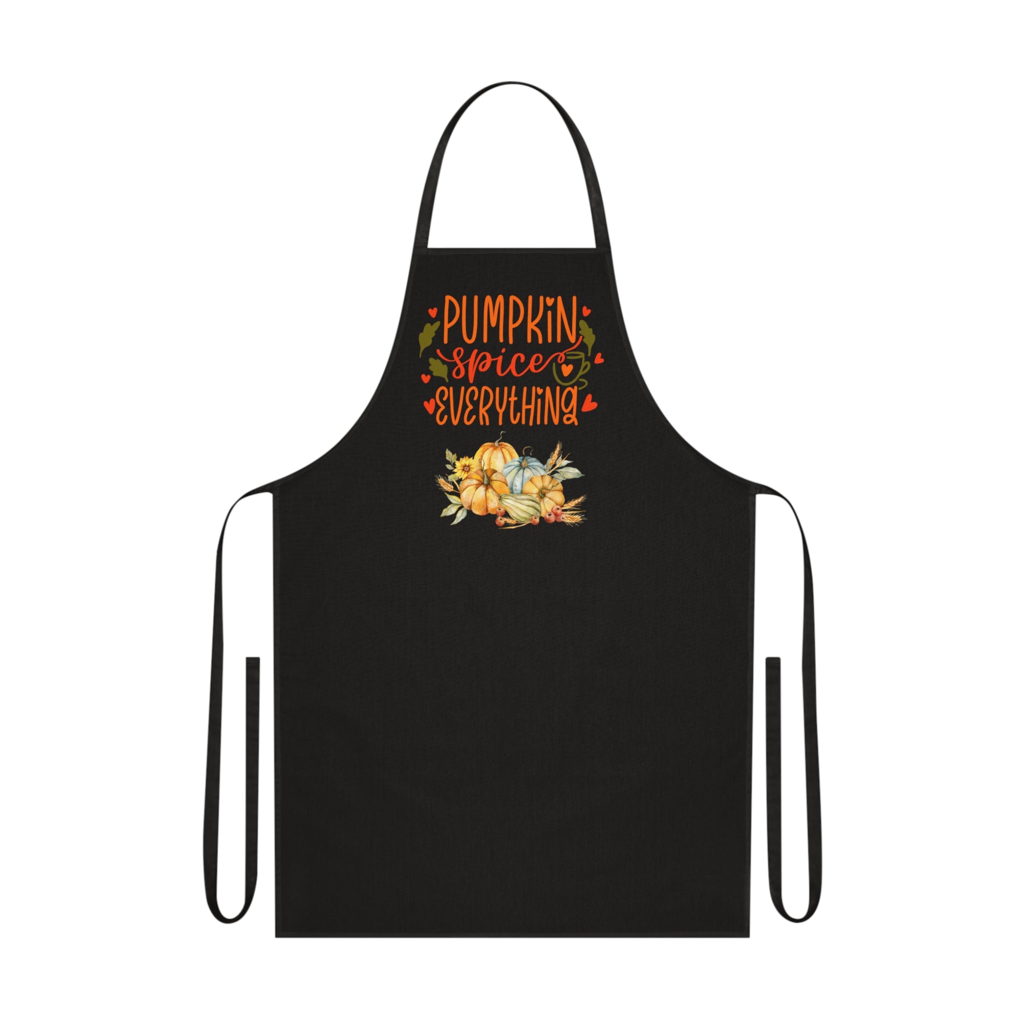 Black apron with 'Pumpkin spice everything' text and floral design on a white background