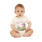Baby onesie with "World is amazing" text and pastel nature design, made from soft 100% Airlume cotton