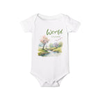 Baby onesie with "World is beautiful" text and pastel nature design, made from soft 100% Airlume cotton, displayed flat with envelope neckline and snap closures.
