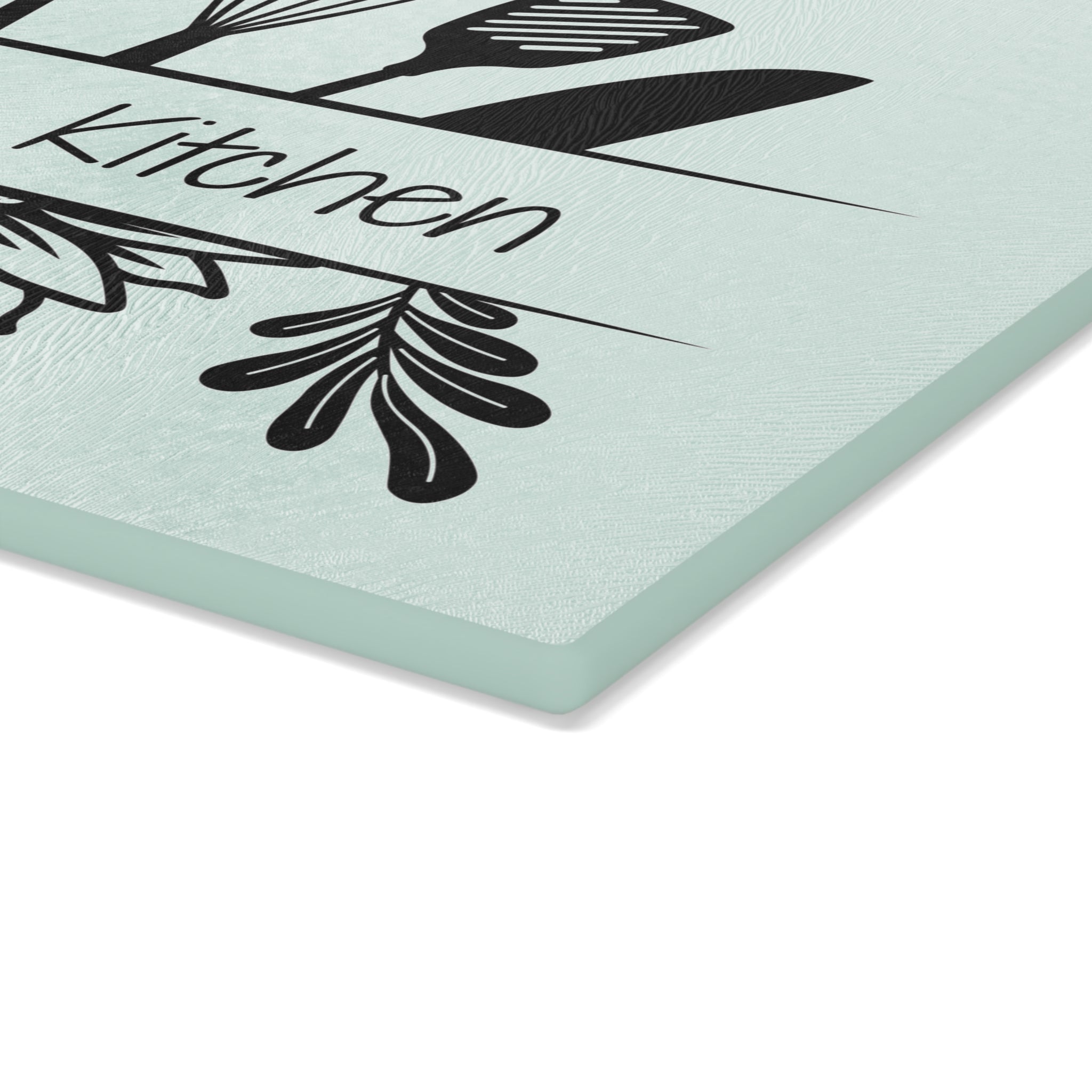 Decorative glass cutting board with utensil design and 'Babcia's Kitchen' text. For Polish babcia in the USA.