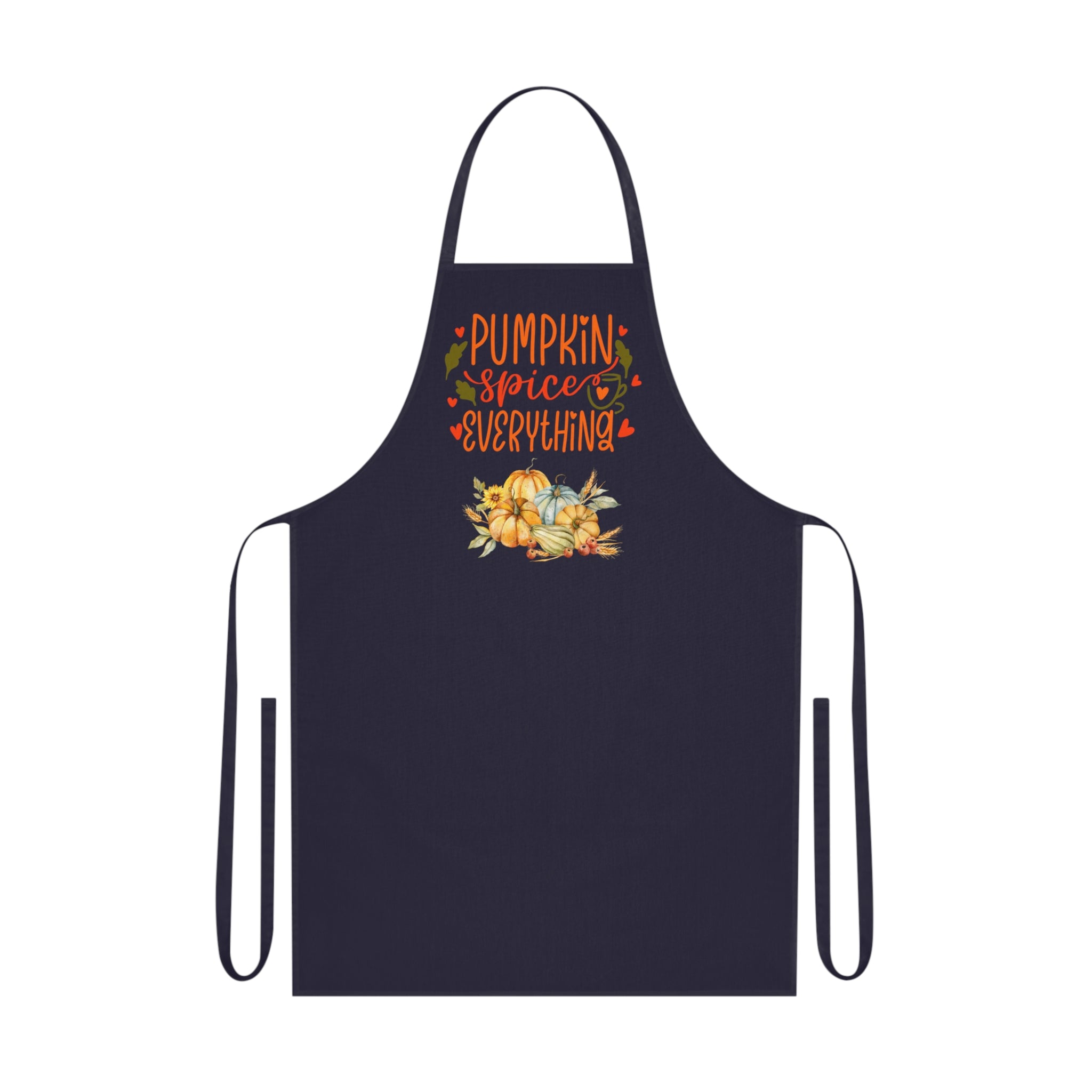 Black apron with 'Pumpkin spice everything' text and pumpkin graphics on a white background