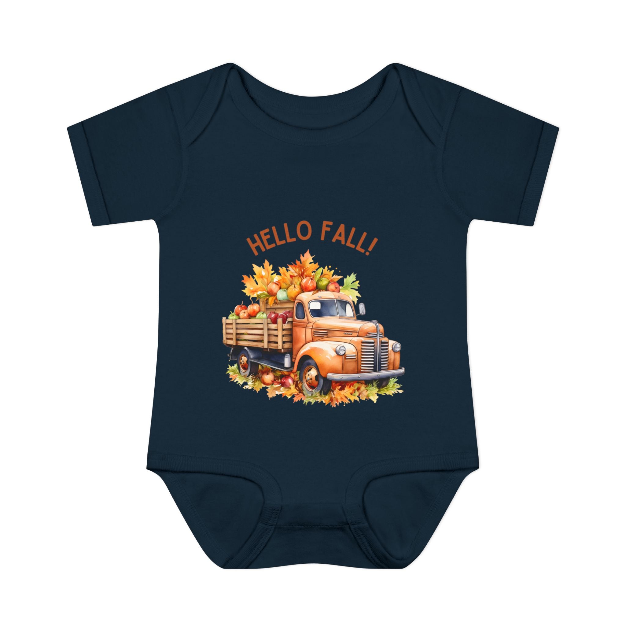 Navy blue baby onesie with a vintage truck and 'Hello Fall!' text on a white background