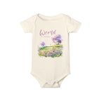 Baby onesie with "World is amazing" text and pastel nature design, made from soft 100% Airlume cotton, displayed flat with envelope neckline and snap closures.