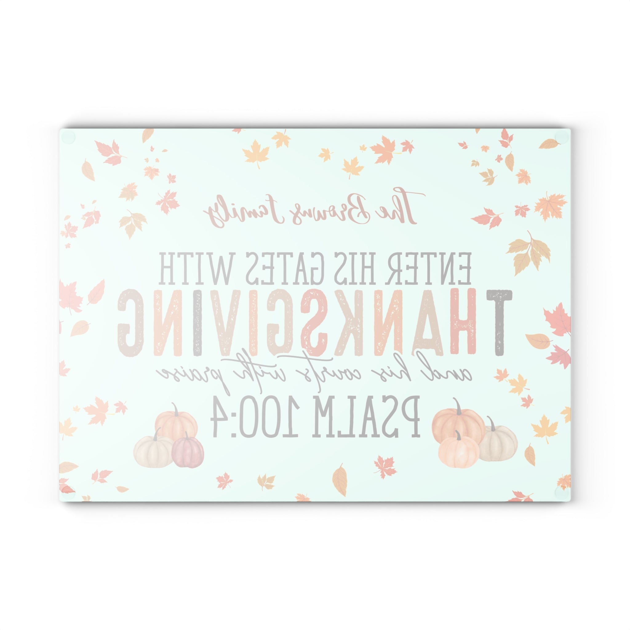 Thanksgiving-themed card with pumpkins and leaves on a light blue background