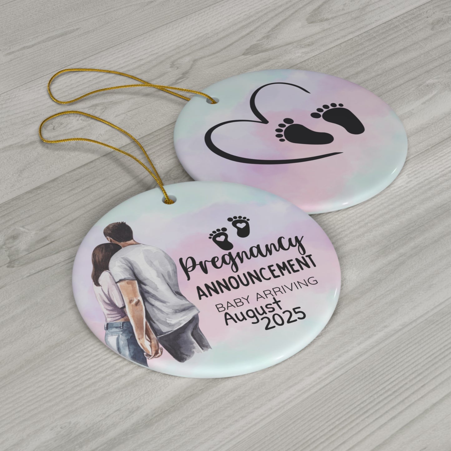 Ceramic Ornament double-sided, Pregnancy Announcement with Personalized Date/Month