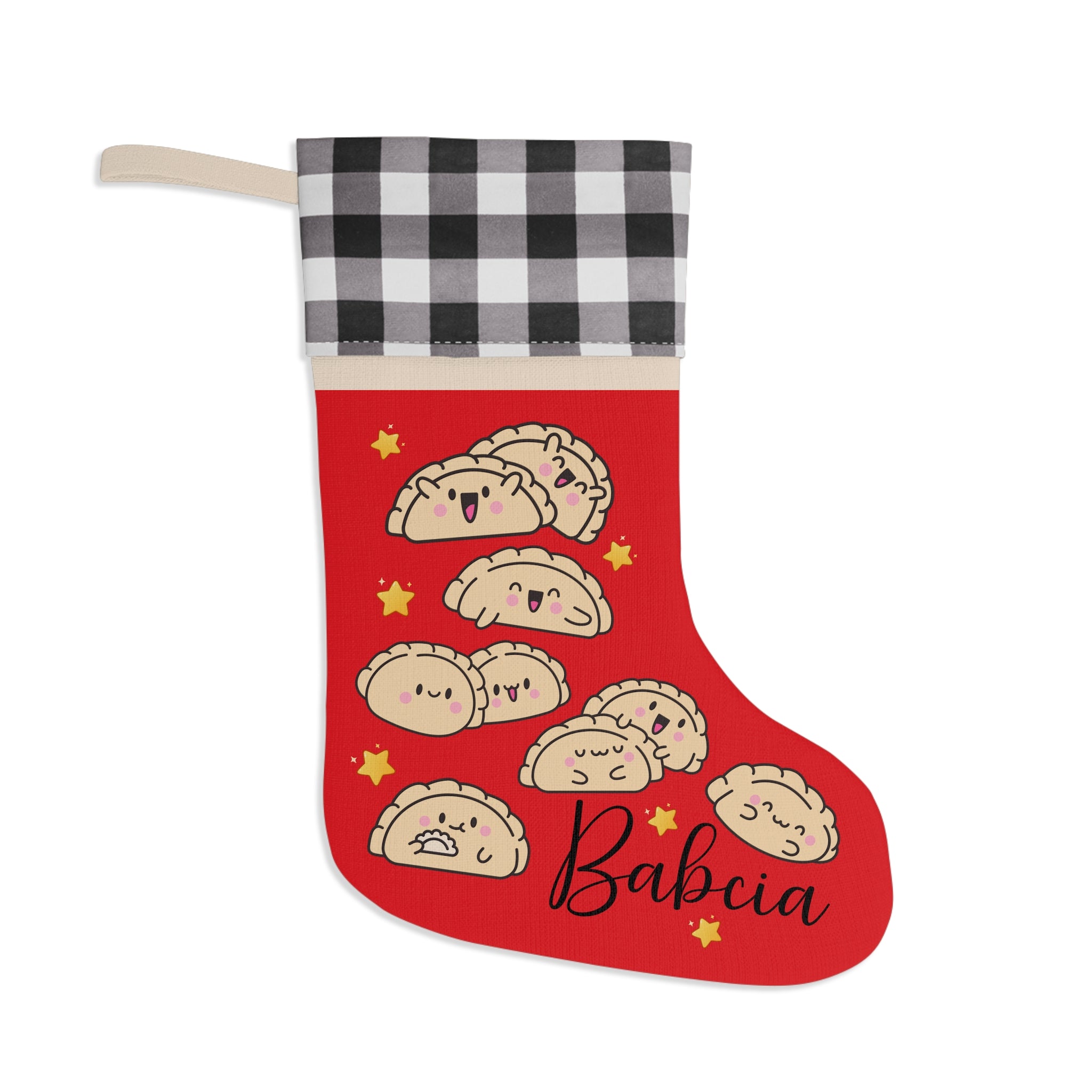 Red Christmas stocking with cartoon dumplings and 'Babcia' text on a white background