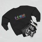 Black sweatshirt with colorful text DOULA I'll be there for you, black jeans, and black sneakers on a light gray background