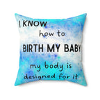 Decorative pillow with text on a watercolor background for pregnancy and birth