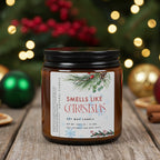 Candle jar labeled 'Smells Like Christmas' natural soy candle Christmas gift