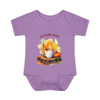 Purple baby onesie with autumn-themed design and 'Autumn Baby' text on a white background