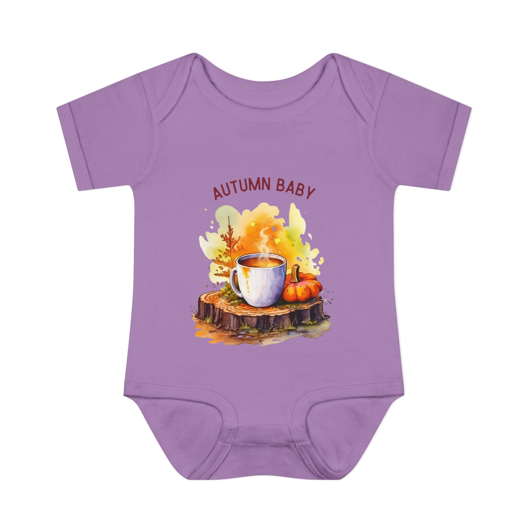 Purple baby onesie with autumn-themed design and 'Autumn Baby' text on a white background