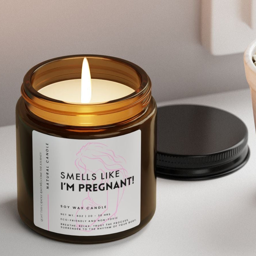 pregnancy announcement Candle labeled 'Smells like I'm Pregnant' for baby shower