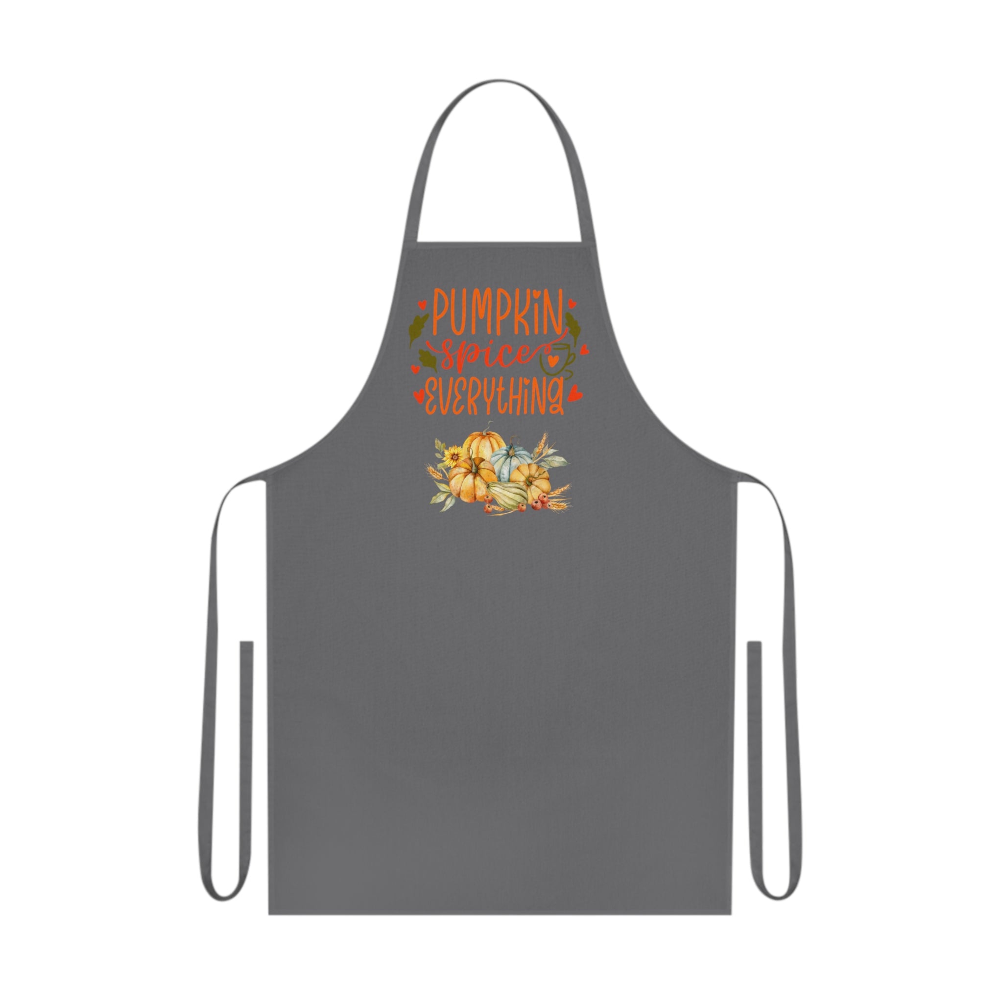 Gray apron with 'Pumpkin Spice Everything' text and pumpkin graphics on a white background