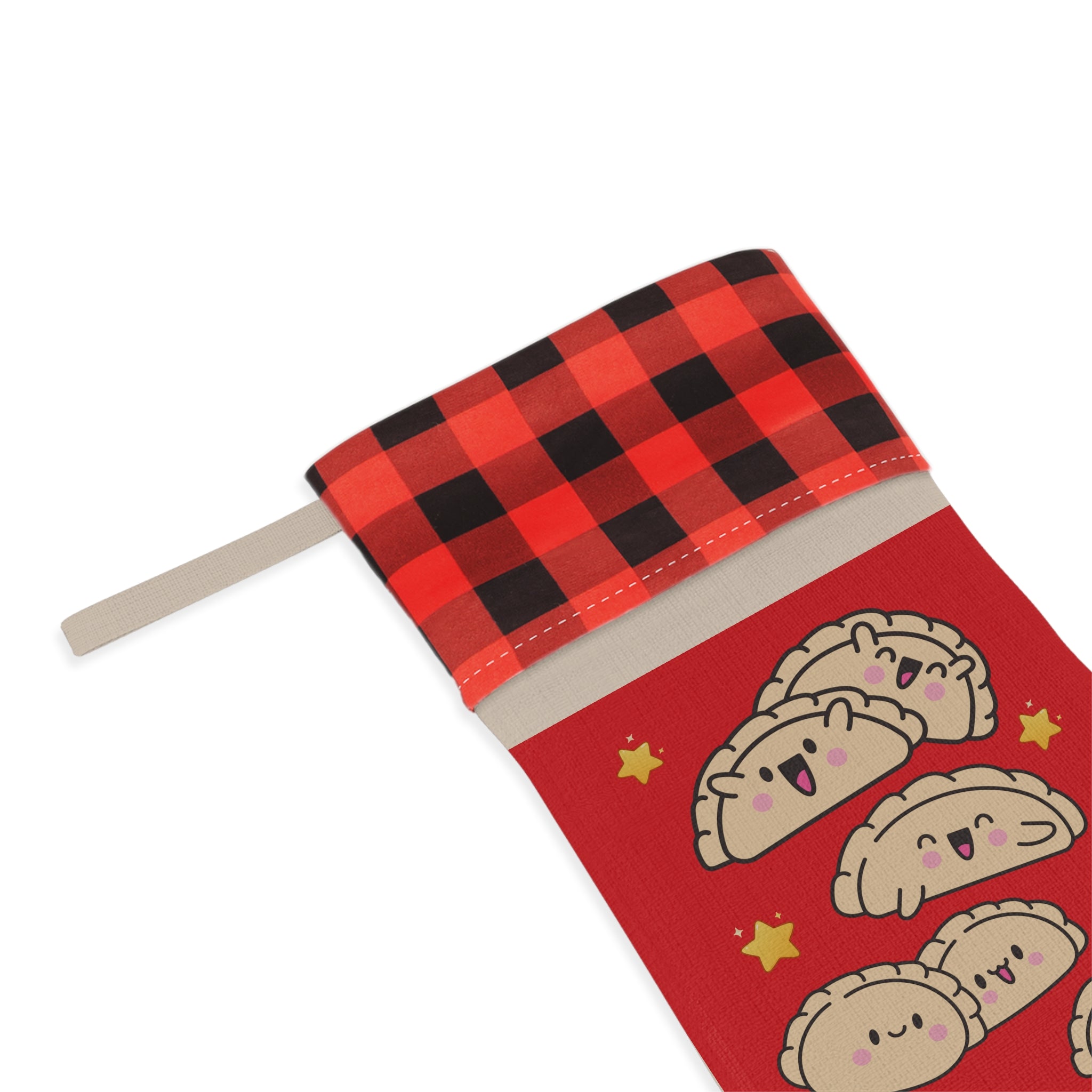 Red and black christmas stocking with cartoon dumplings on a white background