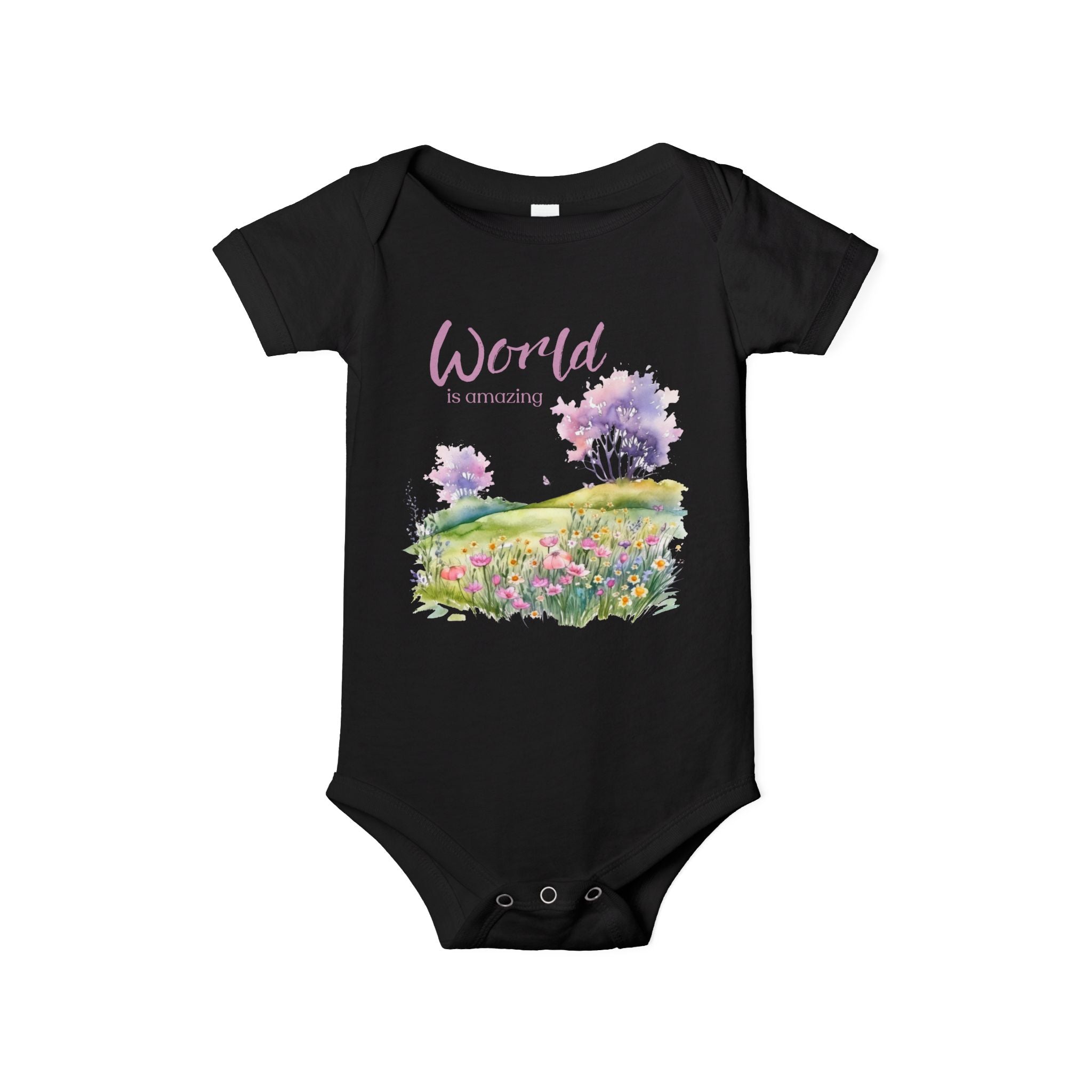 Baby onesie with "World is amazing" text and pastel nature design, made from soft 100% Airlume cotton, displayed flat with envelope neckline and snap closures.