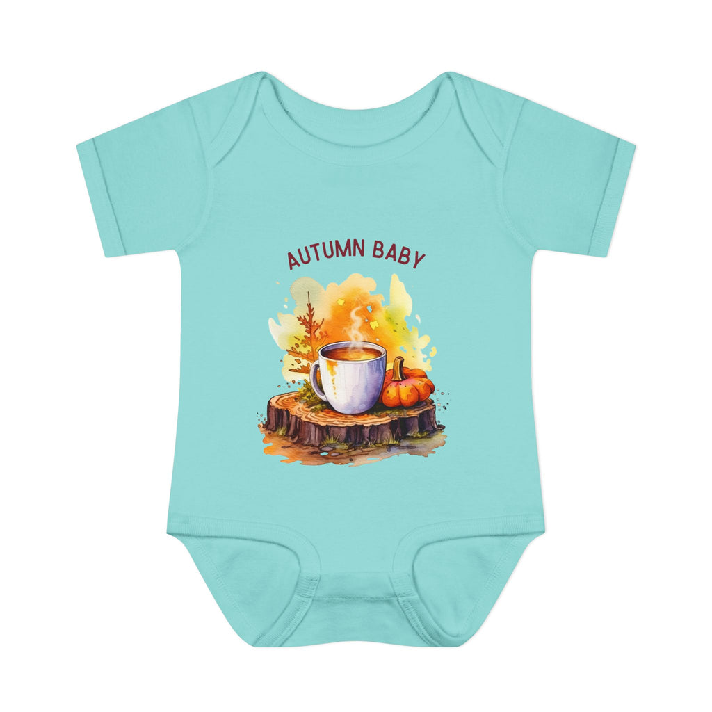 Light blue baby onesie with autumn-themed design and 'AUTUMN BABY' text on a white background