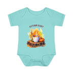 Light blue baby onesie with autumn-themed design and 'AUTUMN BABY' text on a white background