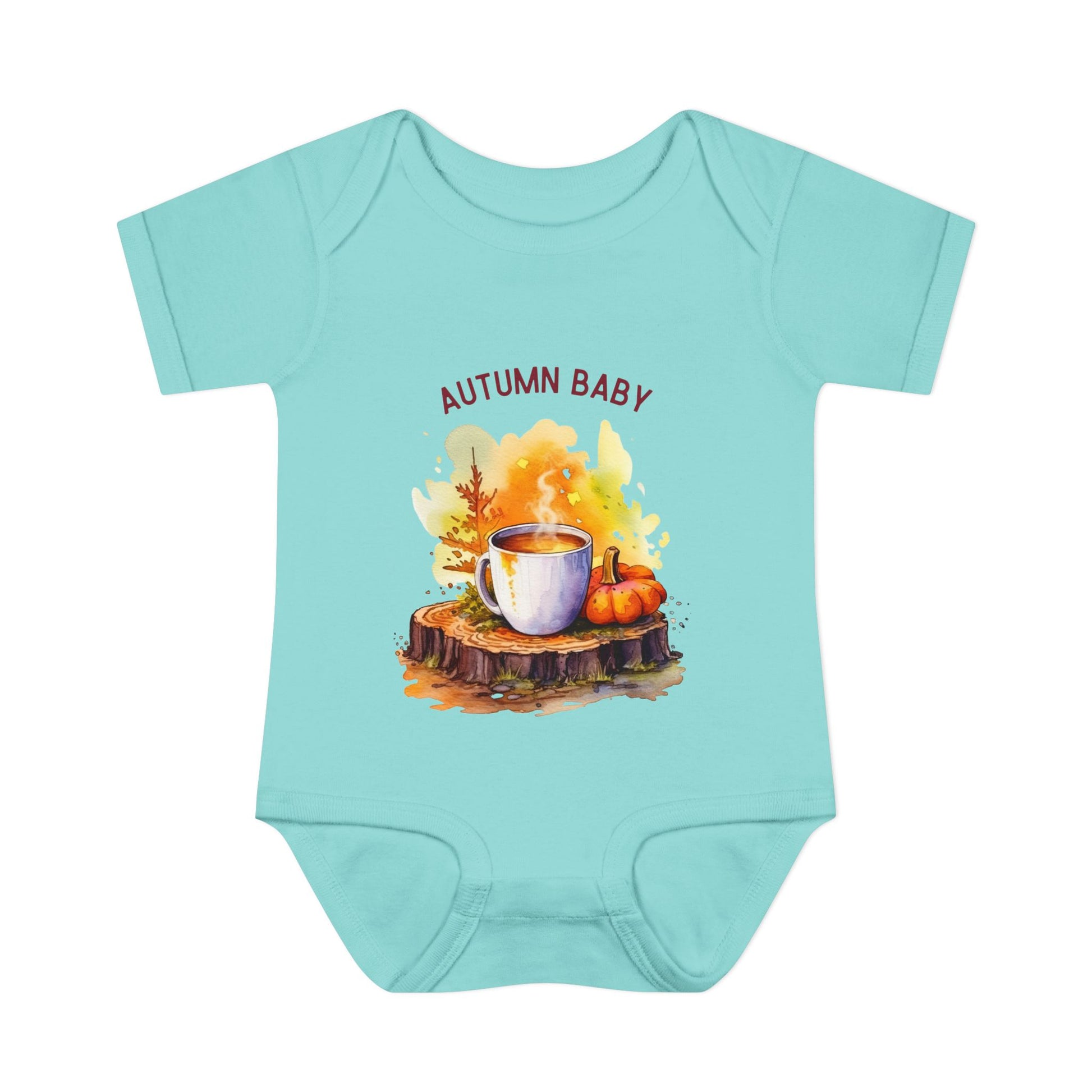 Light blue baby onesie with autumn-themed design and 'AUTUMN BABY' text on a white background