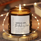 Candle with a label saying smells like the doula is here - great for giving birth with a doula assistance