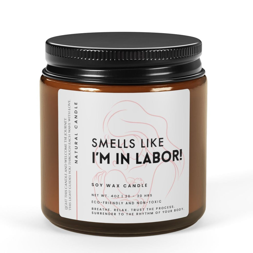 Candle jar with a label reading 'Smells like I'm in labor!' on a white background