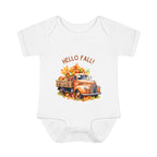 White baby onesie with a truck and 'Hello Fall!' text on a white background