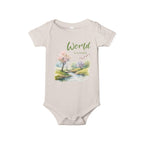 Baby onesie with "World is beautiful" text and pastel nature design, made from soft 100% Airlume cotton, displayed flat with envelope neckline and snap closures.